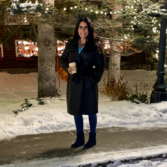 Size M black 100% polyester Avec Les Filles quilted trench coat, double breasted - Picture 12 of 12